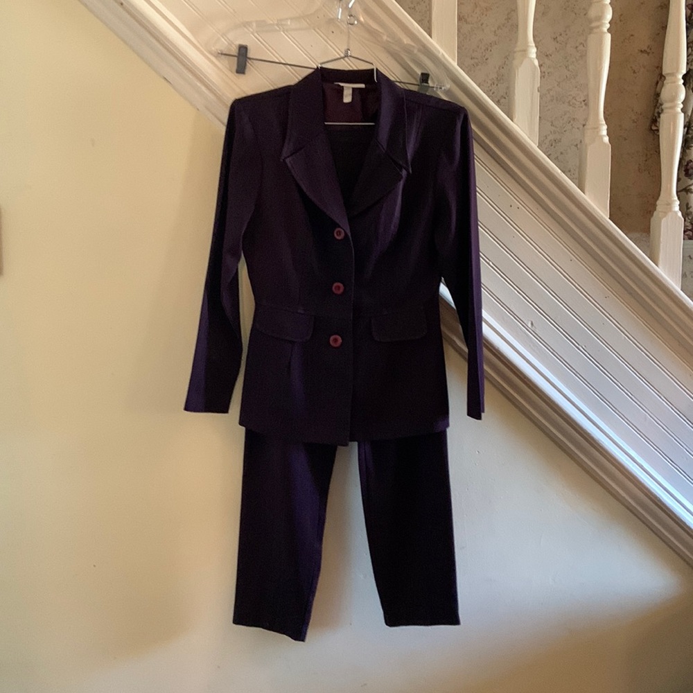 Dark purple pinstripe pantsuit